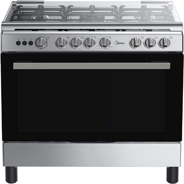 Midea 90*60 Gas Cooker, Closed Door, Rotisserie, Cast Iron Pan, Oven + Grill, Silver - LME95028FFD