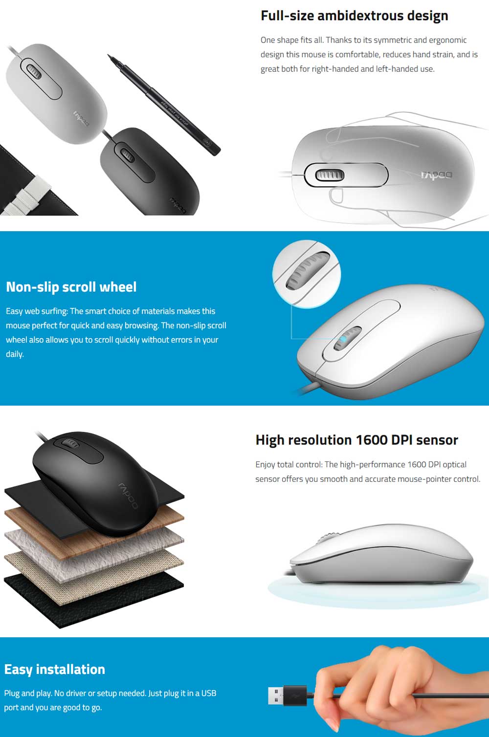 Rapoo N200 Wired Ambidextrous Mouse - 18548