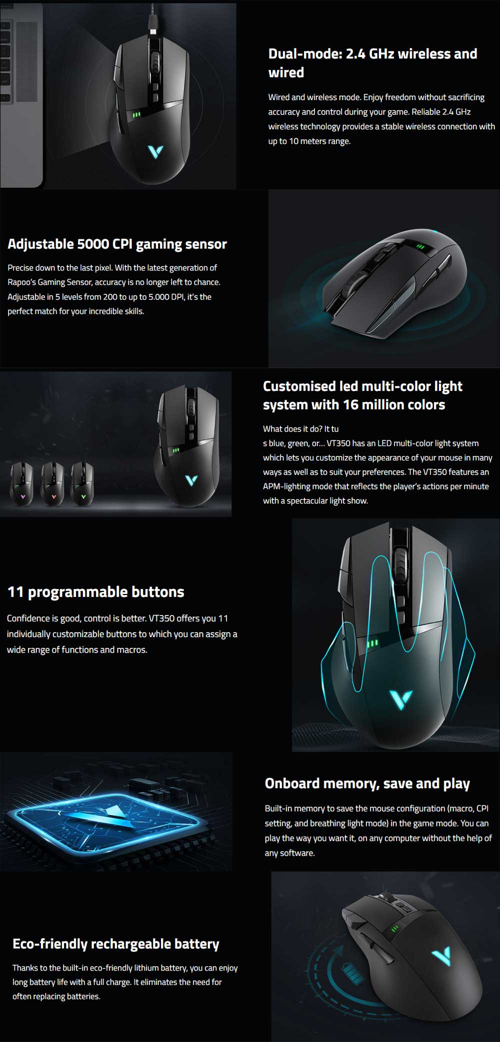  Rapoo VT350 Gaming Wireless & Wired Optical Mouse - 18639
