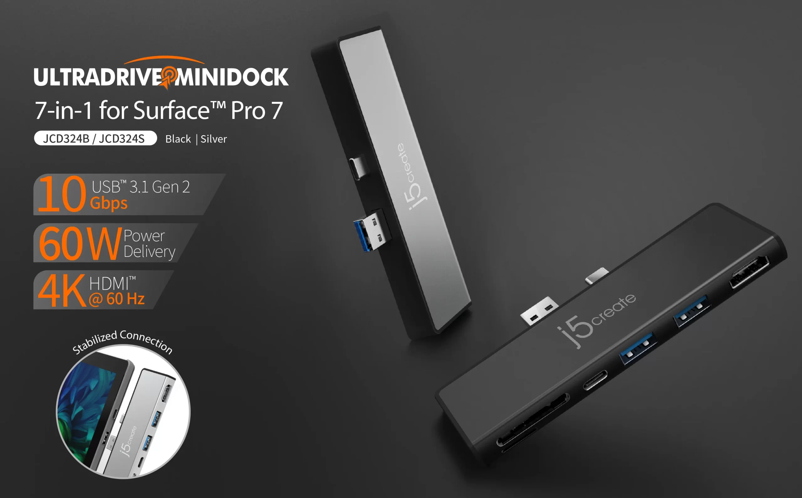 J5 Create Ultra Drive Mini Dock for Surface Pro 7 - JCD324B