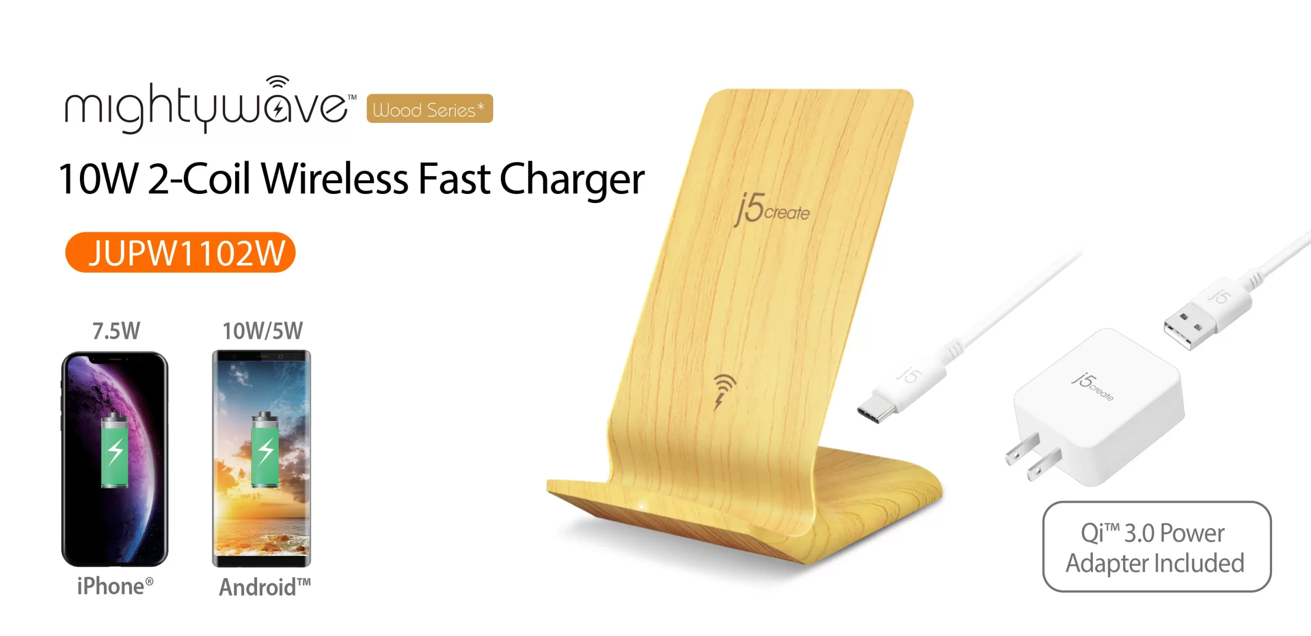 J5 Create Mightywave 10W 2Coil Wireless Fast Charger - JUPW1102W