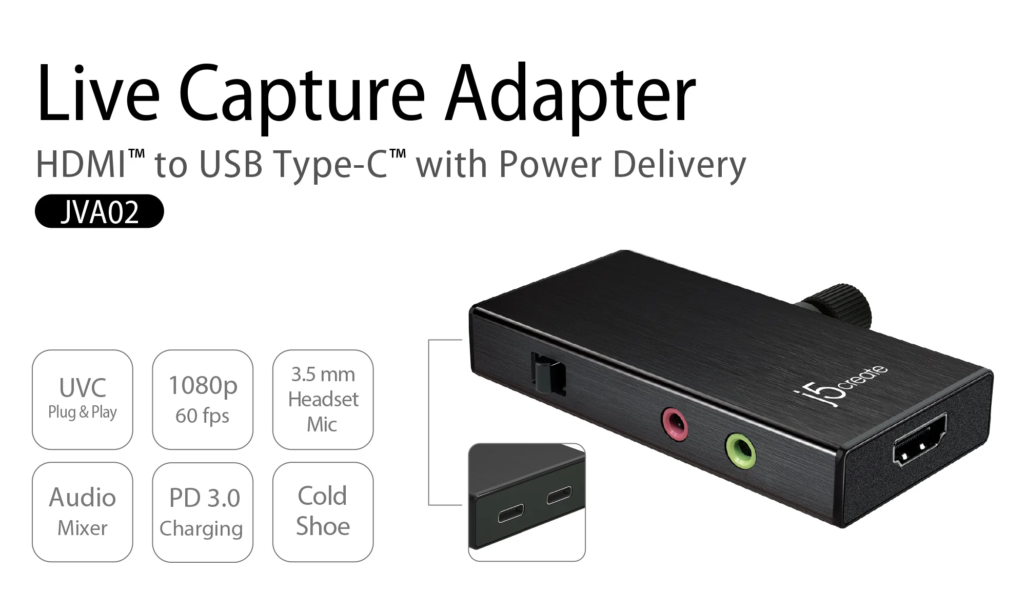 J5 Create Live Capture Adapter HDMI to USB C with Power Delivery - JVA02