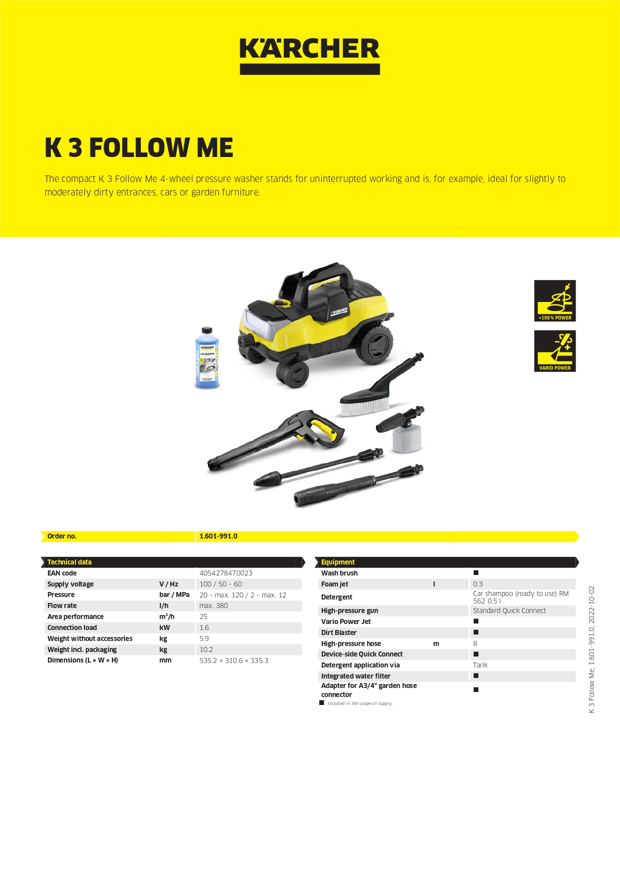 Karcher Pressure Washer 120Bar, 1600W, Yellow - K 3 Follow Me