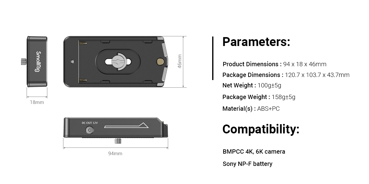 SmallRig NP-F Battery Adapter Plate Lite for BMPCC 4K & 6K - 3093