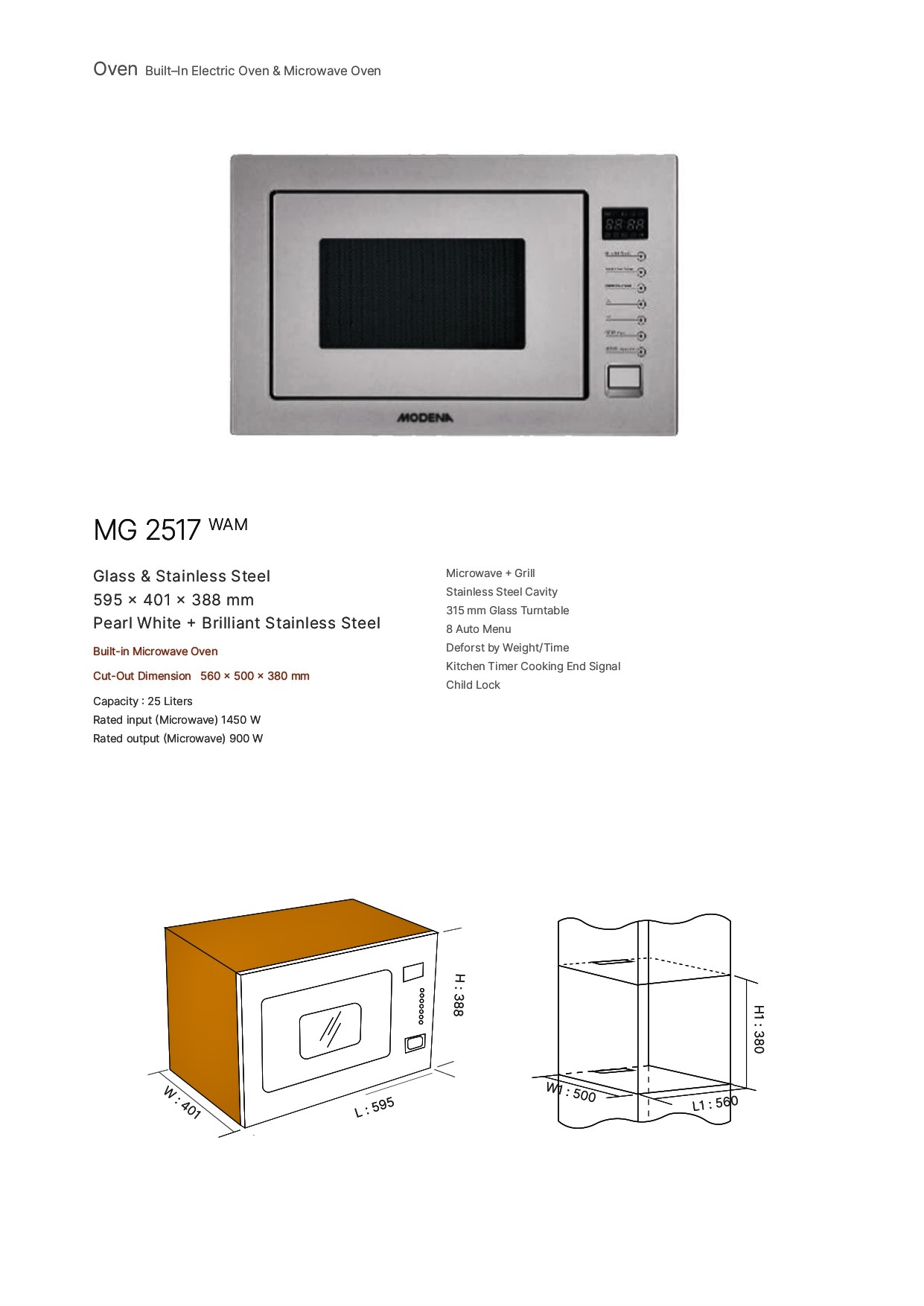 MODENA MG2517WAM | MODENA Built in Microwave 25L