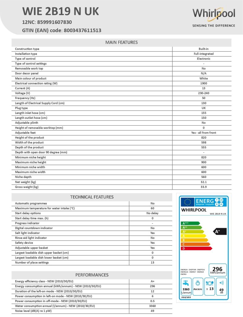 Whirlpool Integrated Dishwasher WIE 2B19 N UK PLUGnPOINT