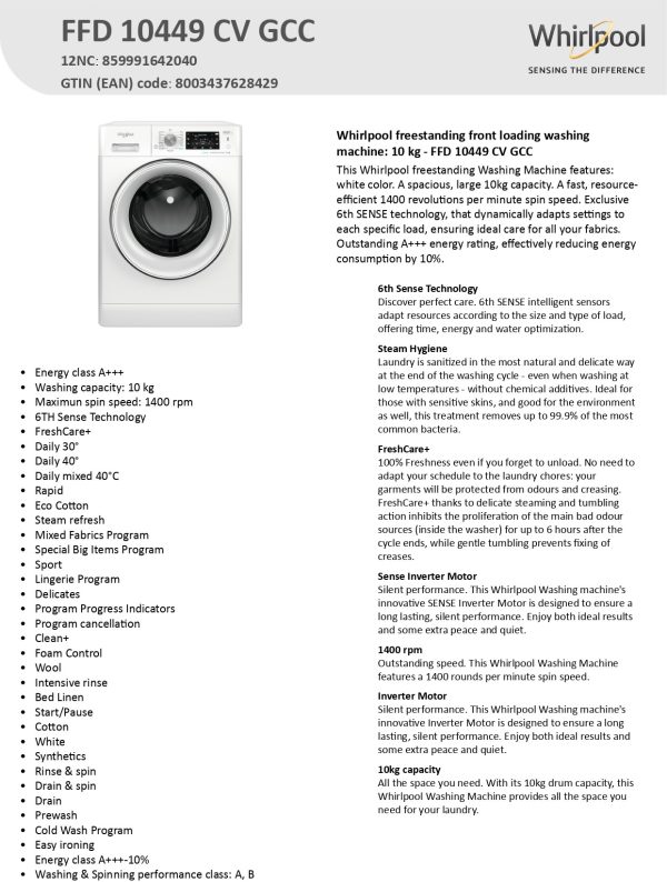 Whirlpool Front Load Washer 10 KG, White FFD 10449 CV GCC