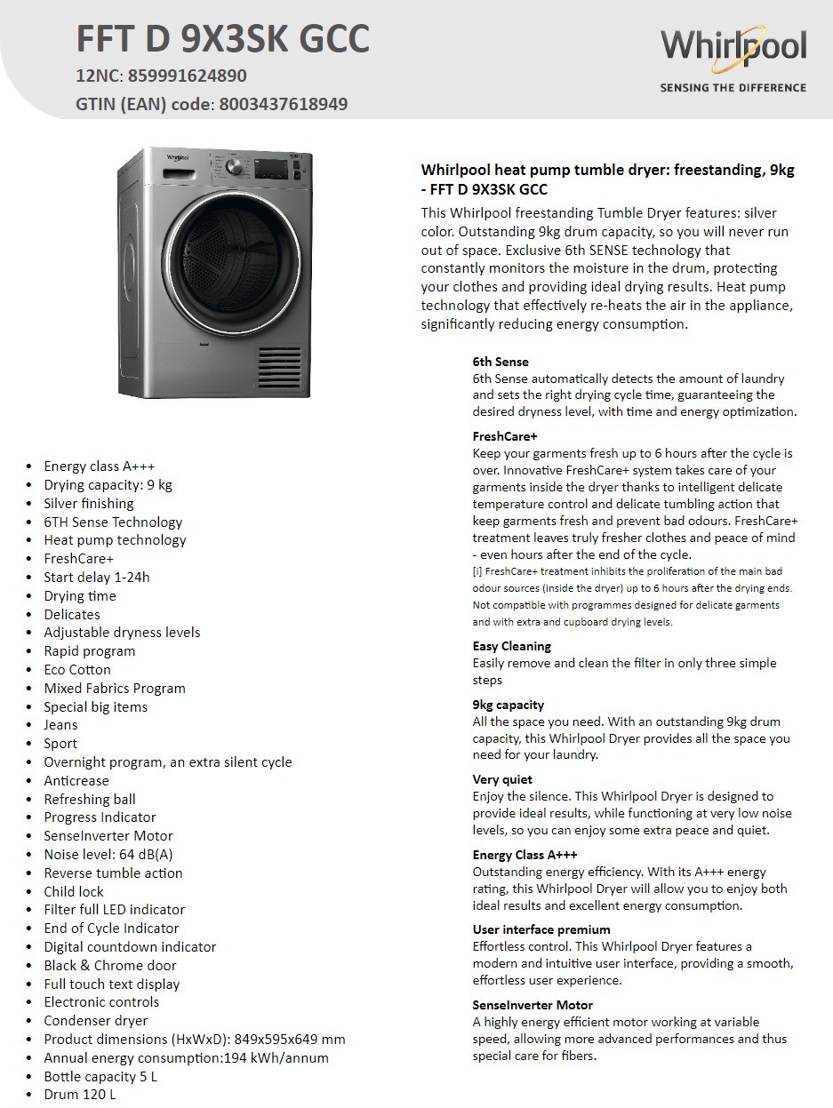 Whirlpool FFT D 9X3SK GCC | Heat Pump Tumble Dryer