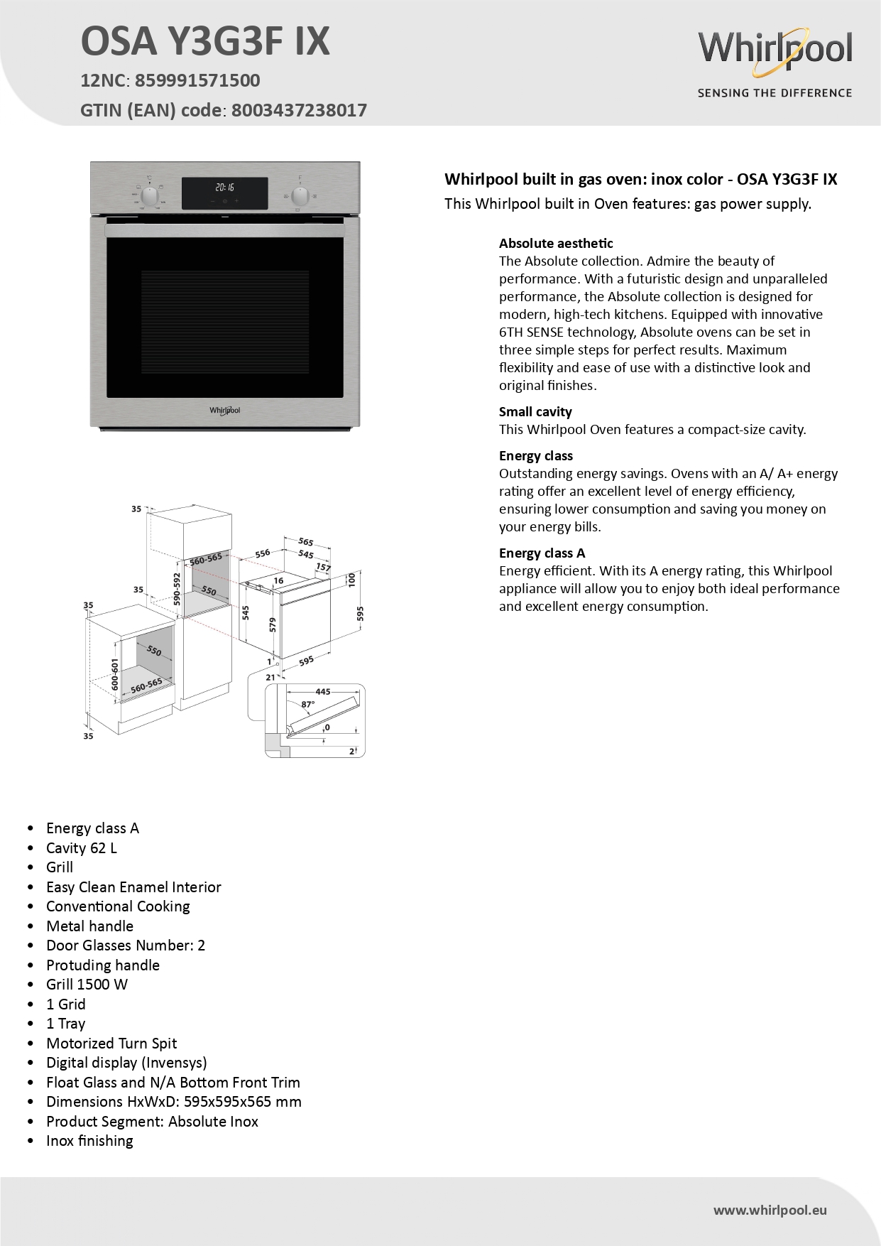 Whirlpool OSA Y3G3F IX | Built-in Gas Oven