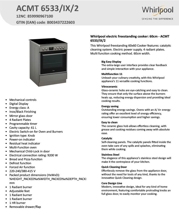 Whirlpool ACMT6533IX | Electric Cooker