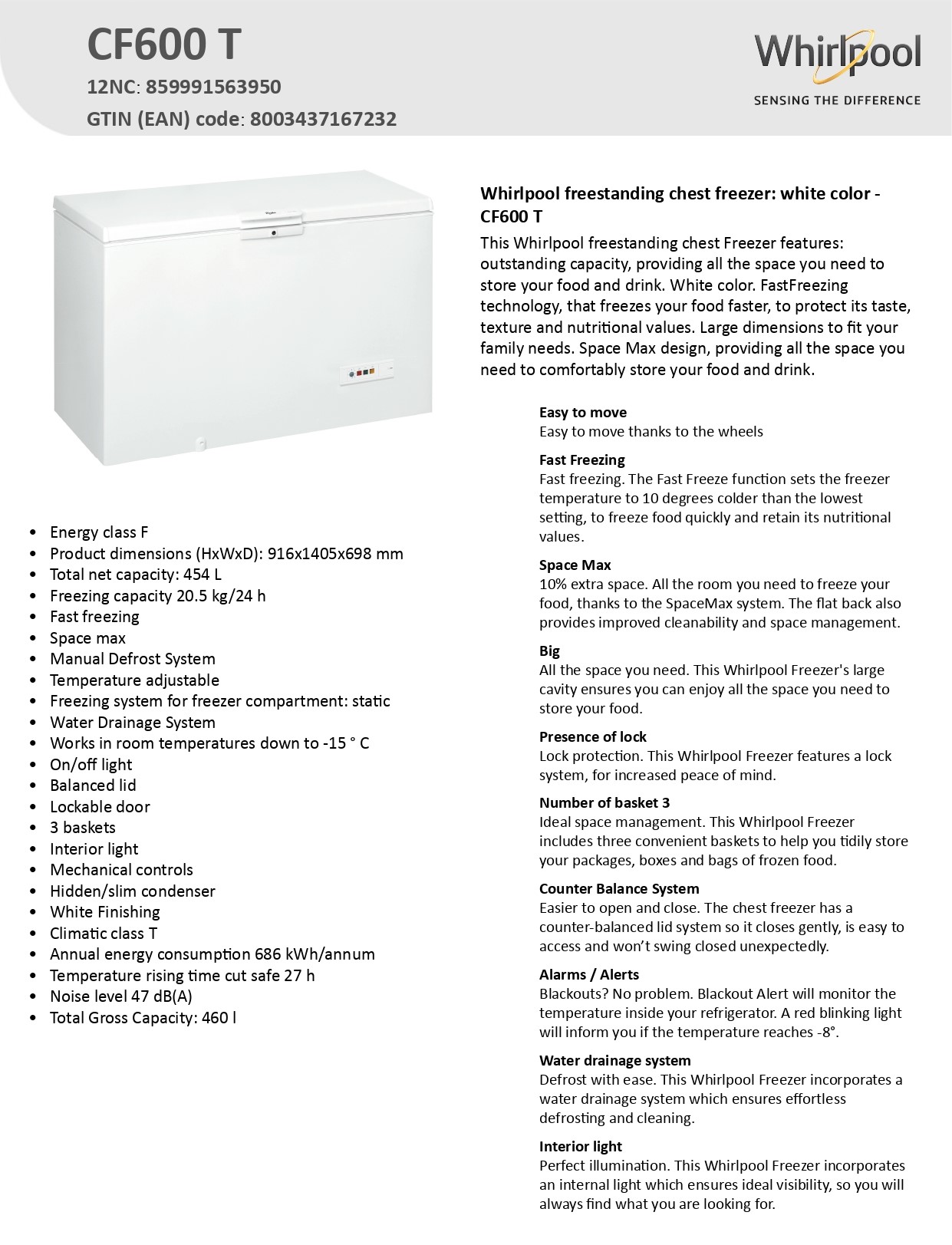 Whirlpool CF600T | Chest Freezer 