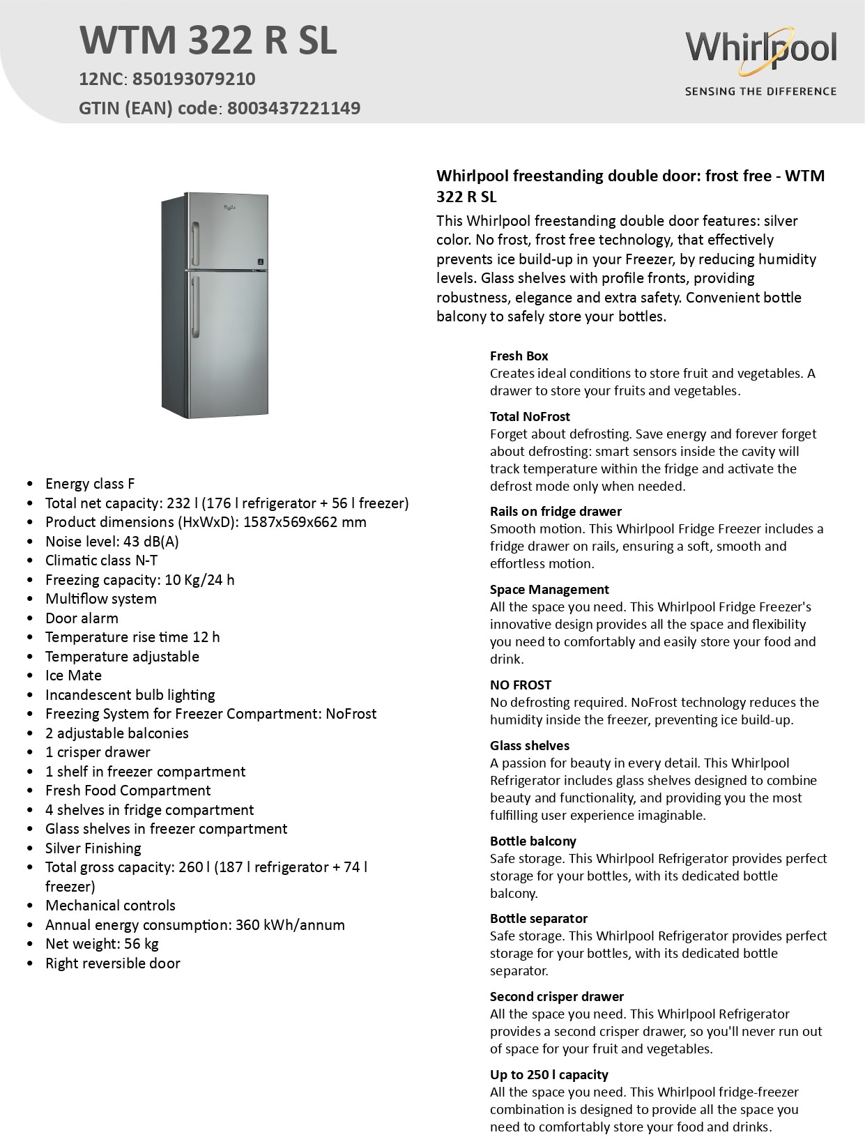 Whirlpool WTM322RSL | Top Mount Refrigerator 232L