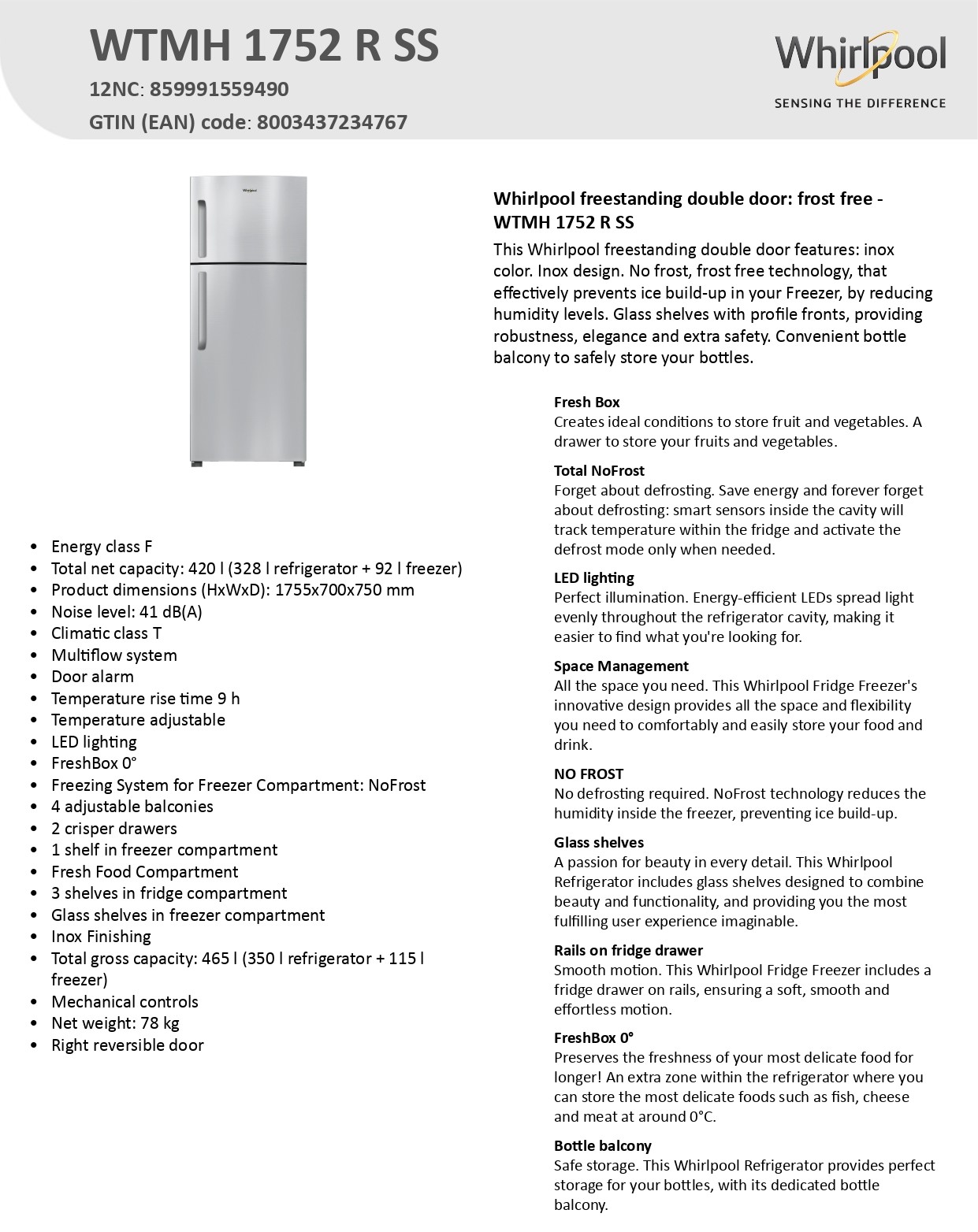 Whirlpool WTMH1752RSS | Top Mount Refrigerator