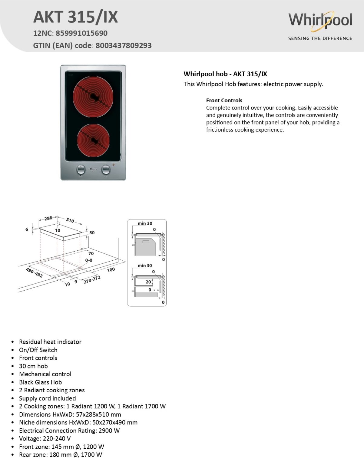 Whirlpool AKT315IX Built in 2Plate Electric Domino Hob