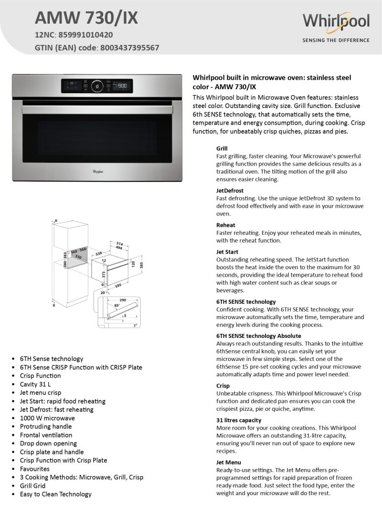 Whirlpool AMW730IX BuiltIn Microwave Oven 31L PLUGnPOINT