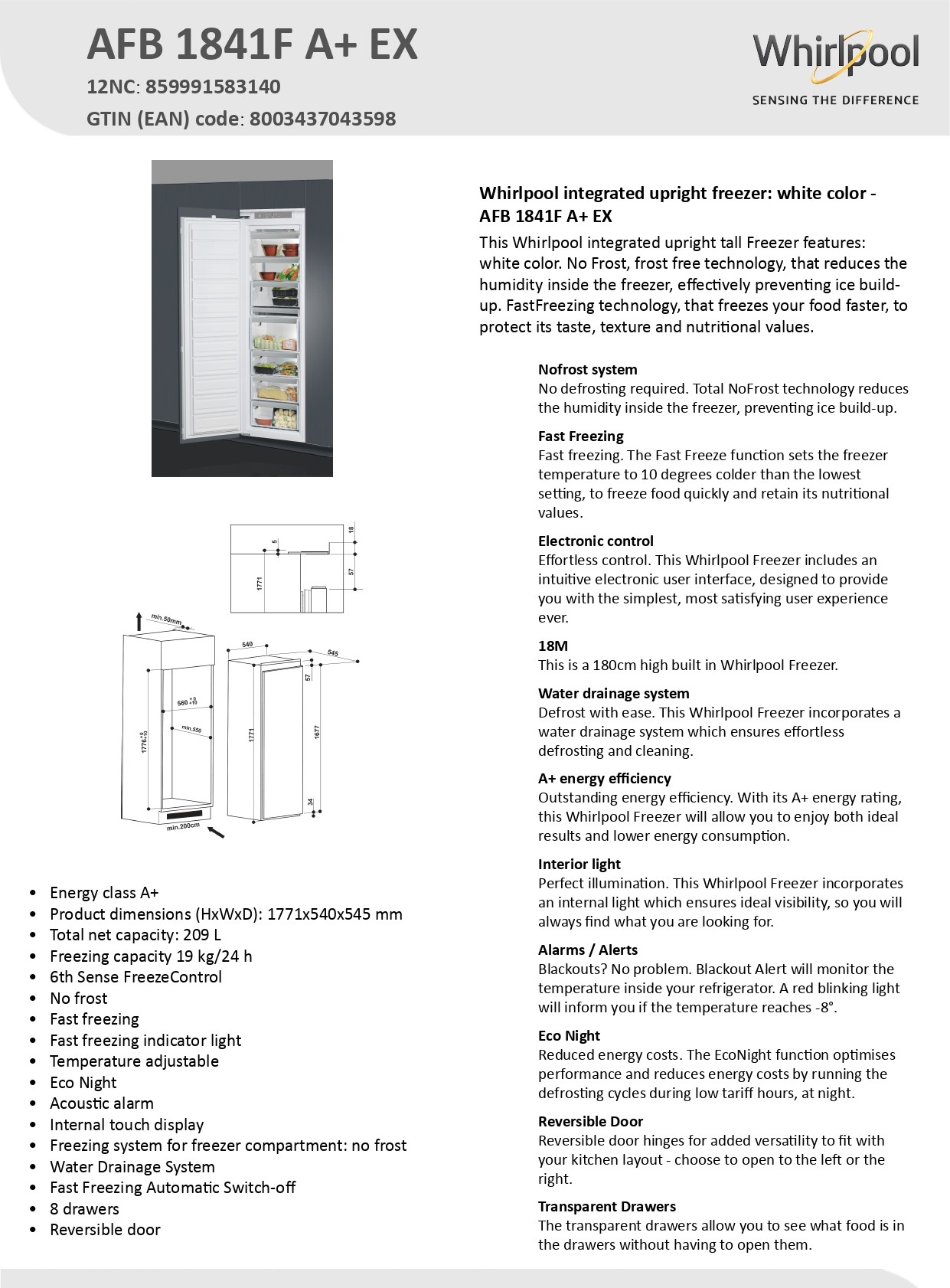 Whirlpool AFB 1841F A+ EX | Integrated Upright Freezer