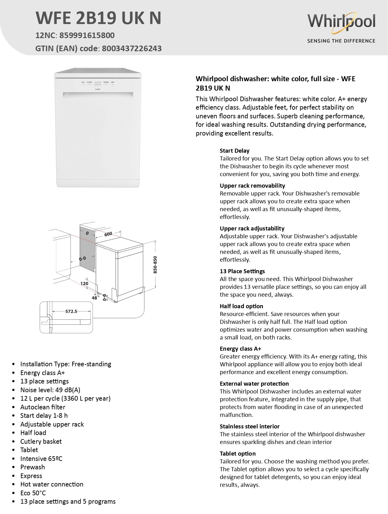 Whirlpool Dishwasher Full Size, White - WFE 2B19 UK N