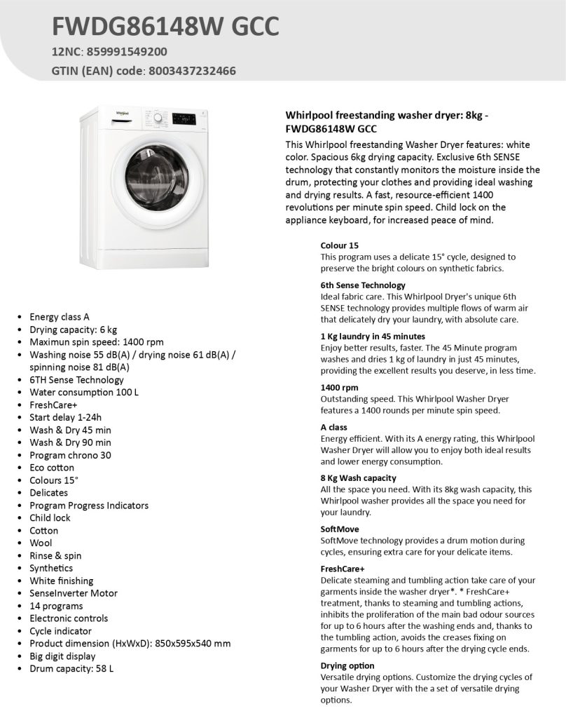 Whirlpool 8kg Front Load Washing Machine with 6kg Dryer