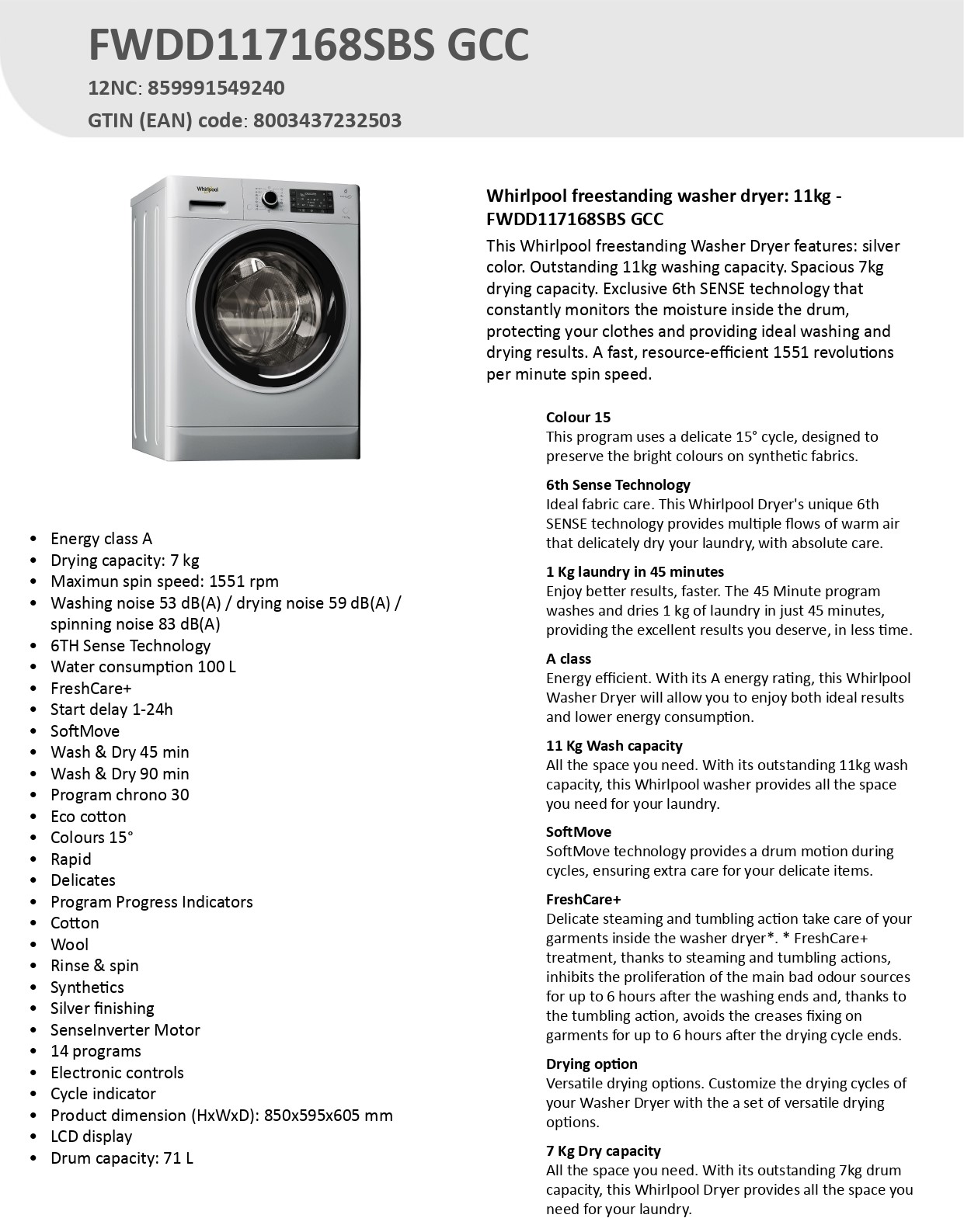 Whirlpool 11kg Front Load Washing Machine With 7kg Dryer 