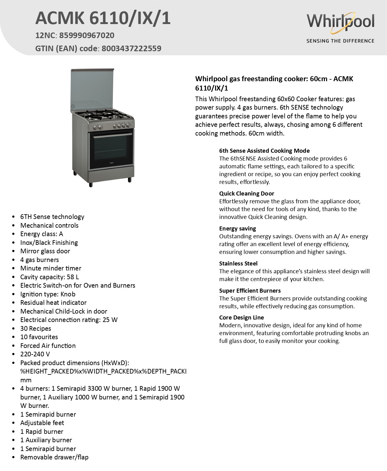 Whirlpool ACMK 6110/IX |  Gas Cooker