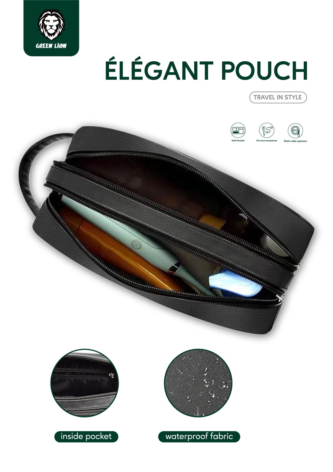 Green Lion Elegant Pouch | For Travel Black | PLUGnPOINT