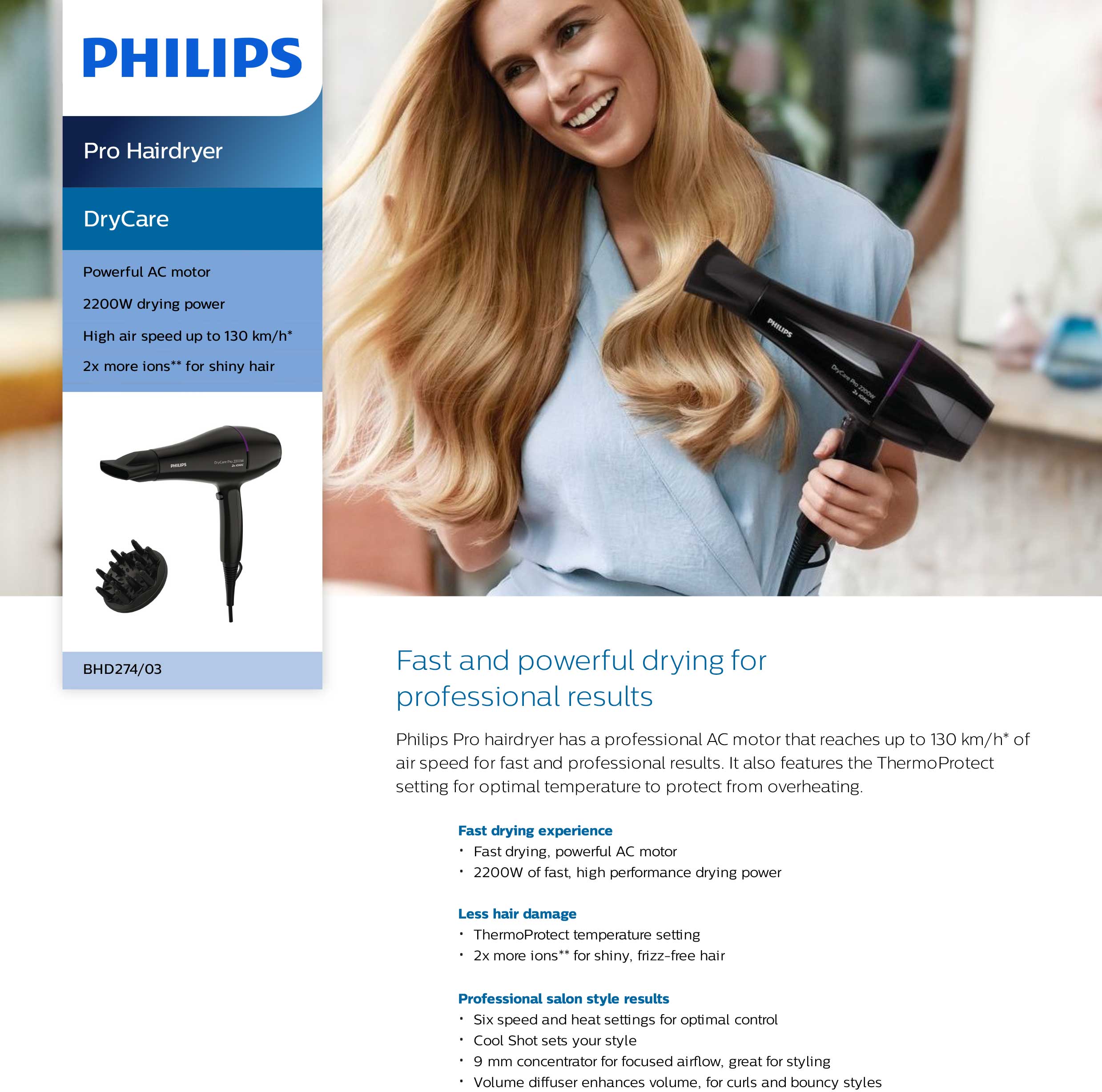 Philips Drycare Pro Hairdryer, Black - BHD274/03