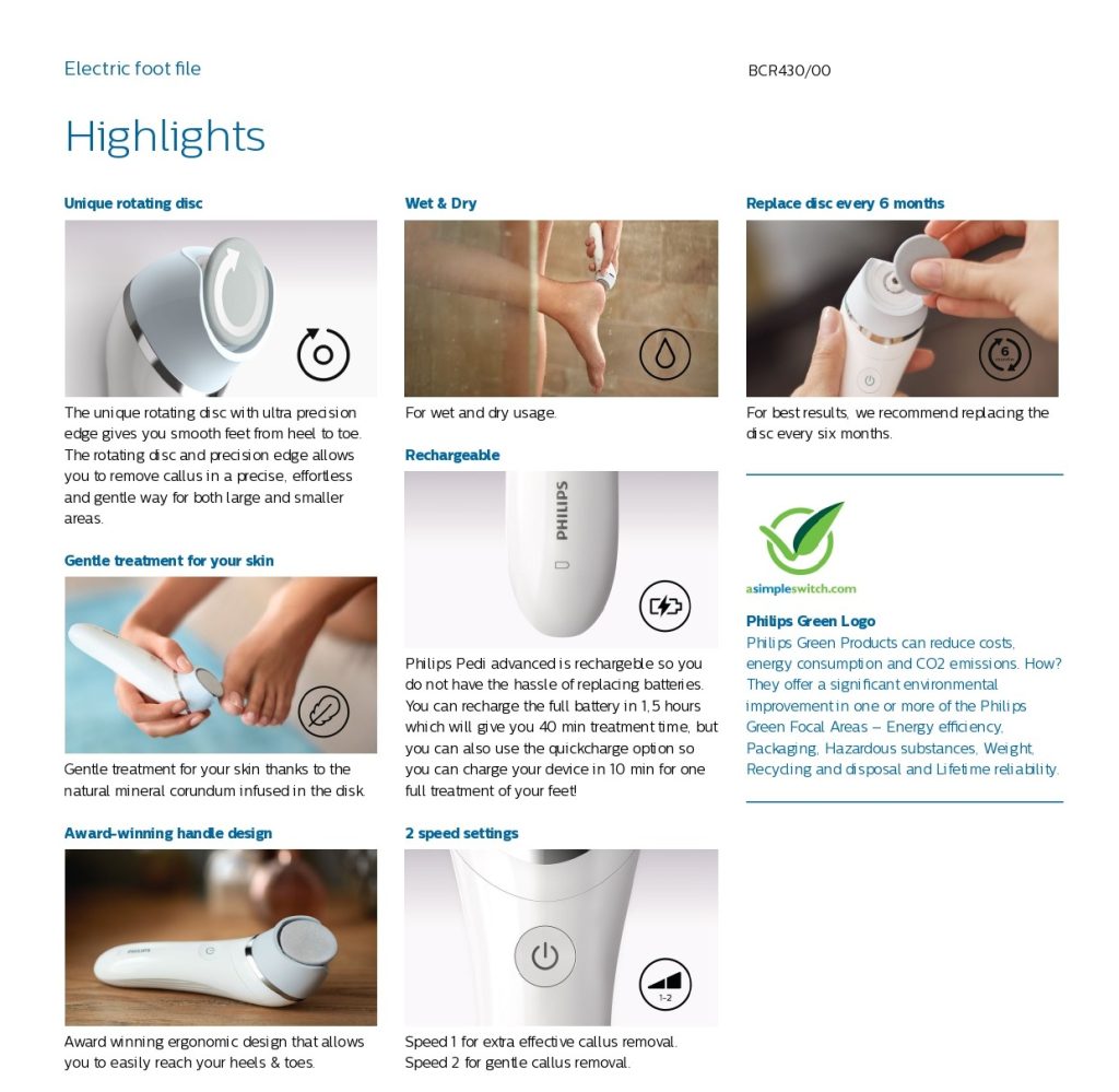 Philips Electric Foot File Pedi Advanced, White BCR430/00 PLUGnPOINT The Marketplace