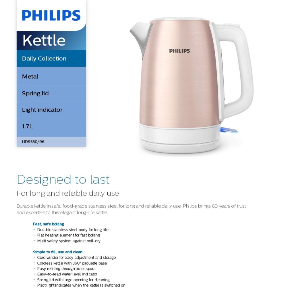 Philips Electric Kettle 1.7 Litre Stainless Steel Frequency 50 Hz, Pink
