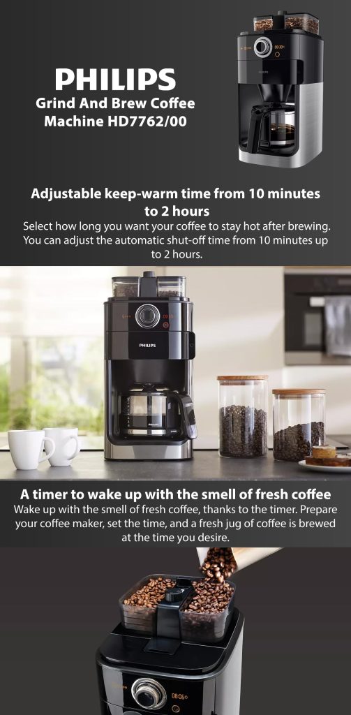 Philips Grind and Brew Coffee Maker with Glass Jug, Grind and Brew System, Black HD7762/00