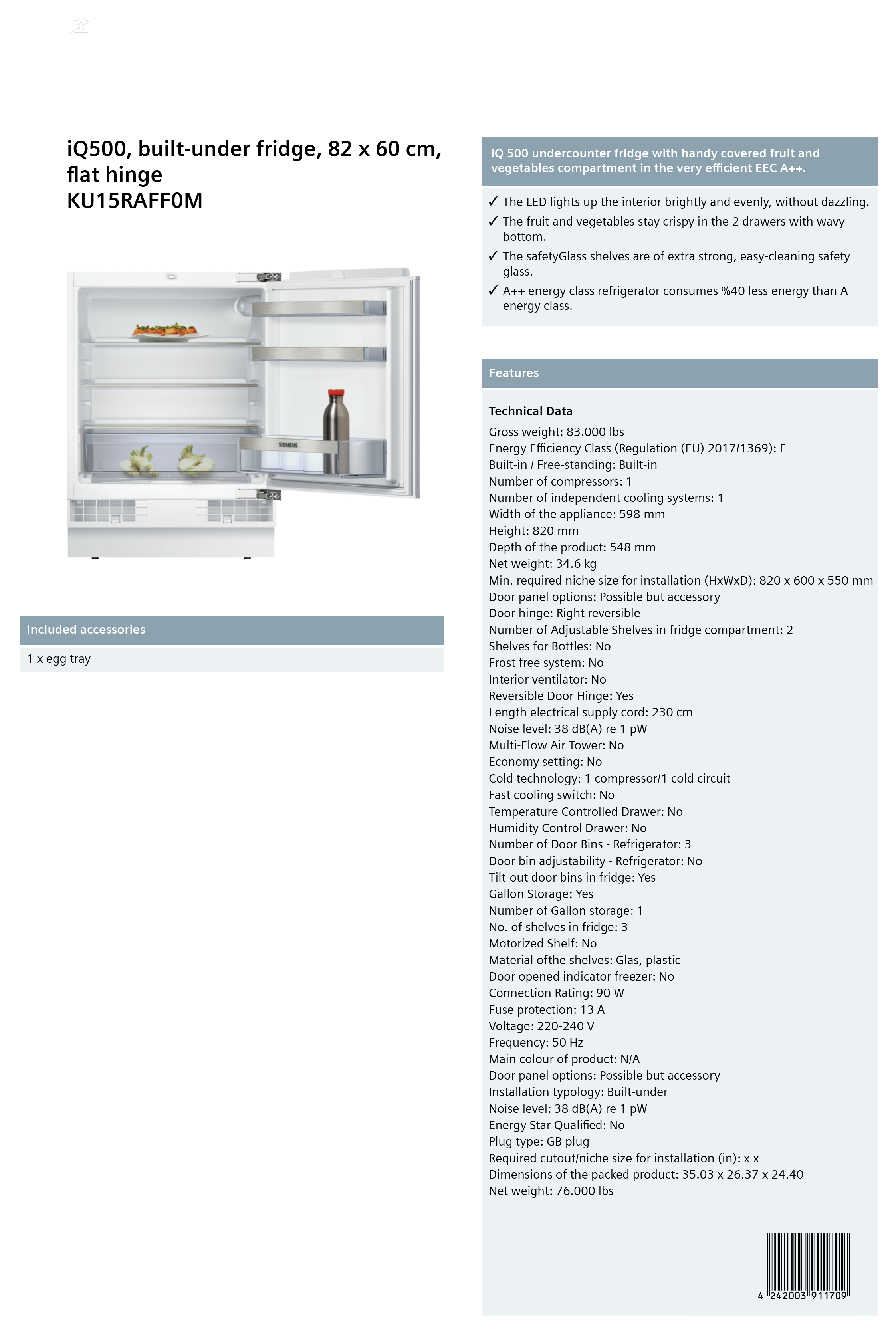 Siemens KU15RAFFOM | under counter refrigerator
