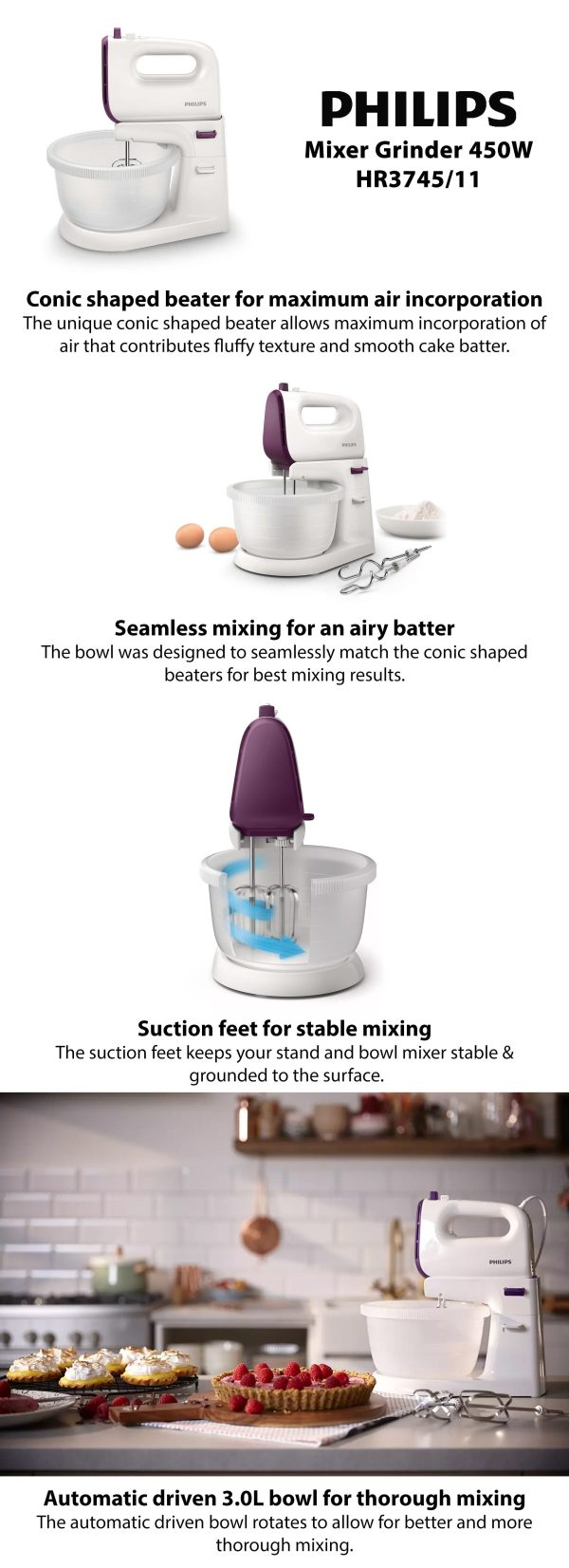 Philips Daily Mixer with Bowl, White HR3745/11 PLUGnPOINT The