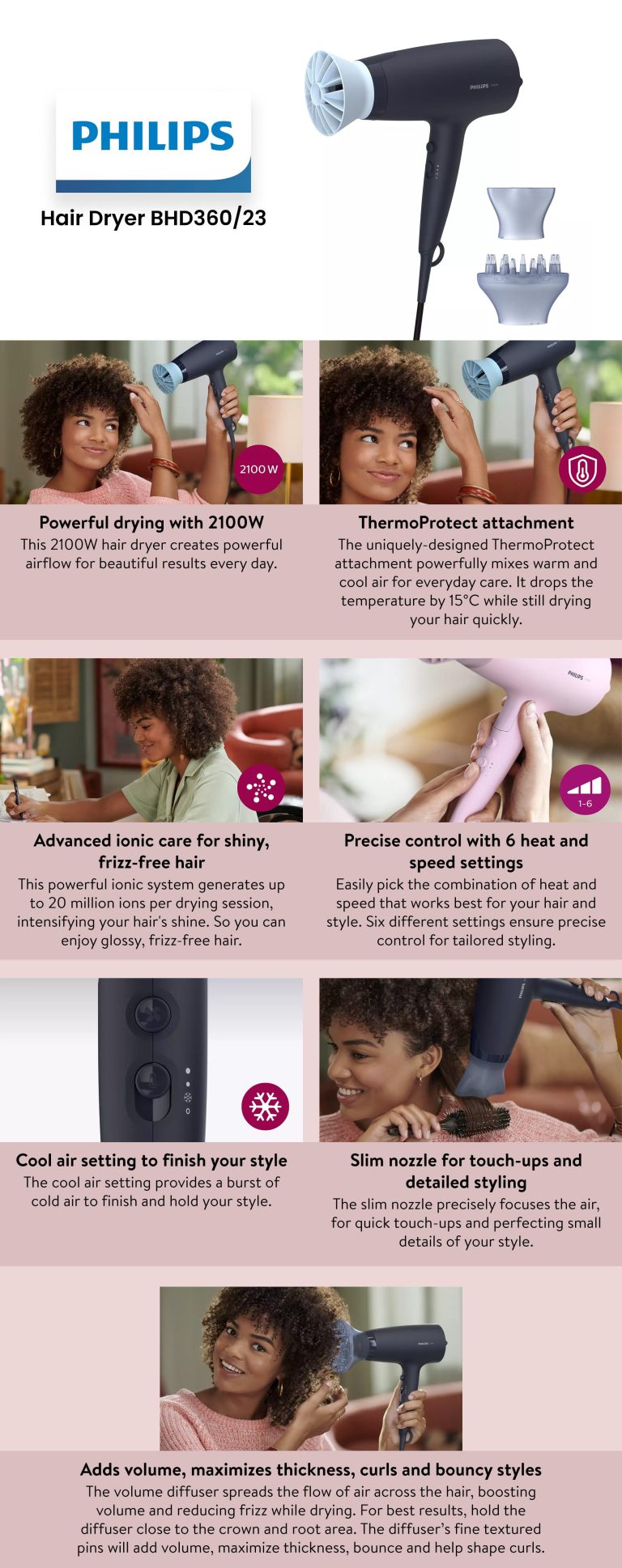 Philips 3000 Series Hair Dryer, Black BHD360/23 PLUGnPOINT The