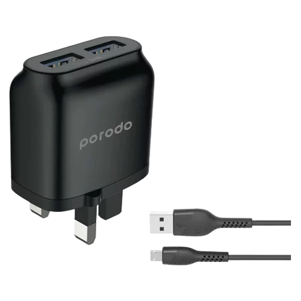 Porodo Main Wall Charger With Dual USB Port And Micro USB Cable - PD-0203MU2-BK