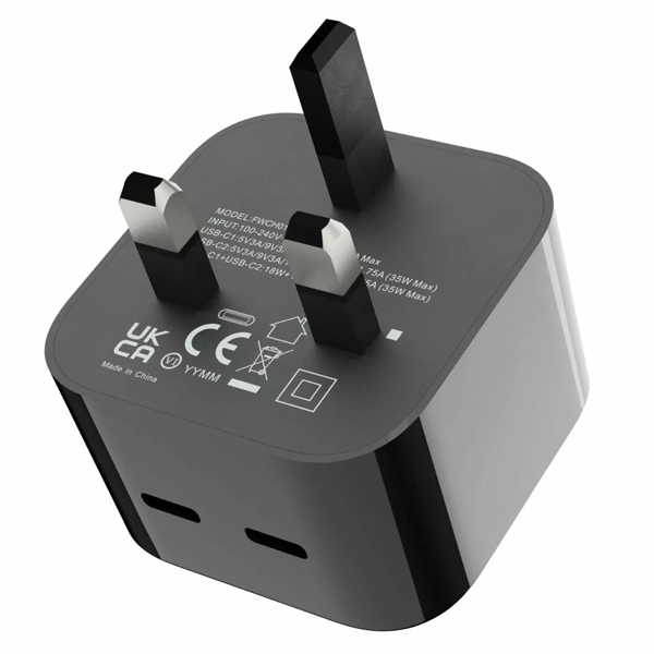 Porodo Super-Fast Dual USB-C Wall Charger PD 35W UK with Braided Type-C to Type-C Cable 1.2m Black - PD-FWCH012-C-BK