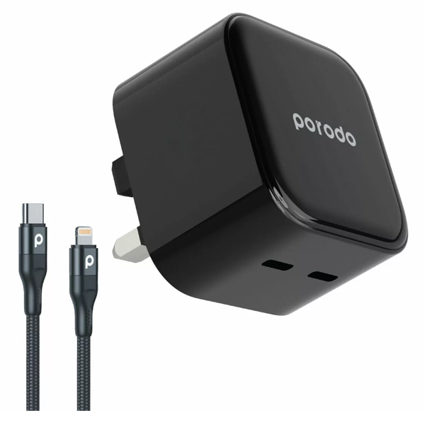 Porodo Super-Fast Dual USB-C Wall Charger PD 35W UK with Braided Type-C to Lightning Cable 1.2m - PD-FWCH012-L-BK