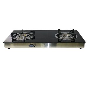 Nobel Gas Stove Glass Brass Glass Top Auto Ignition Double Burner, Black - NGT2111