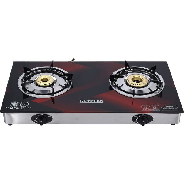 Gas Cooker with Tempered Glass Panel Brass Bruner Cap, Black and Red - KNGC6270