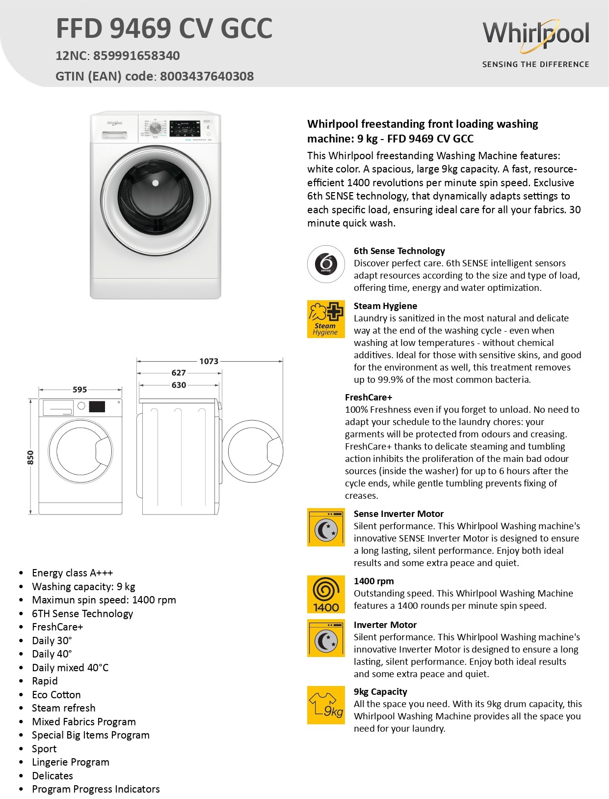 Whirlpool 9kg Front Load Washing Machine - FFD 9469 CV GCC