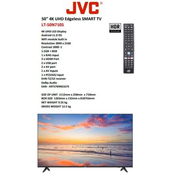 JVC 50 Inch 4K UHD Edgeless Smart TV with Dolby Audio, Black - LT-50N7105
