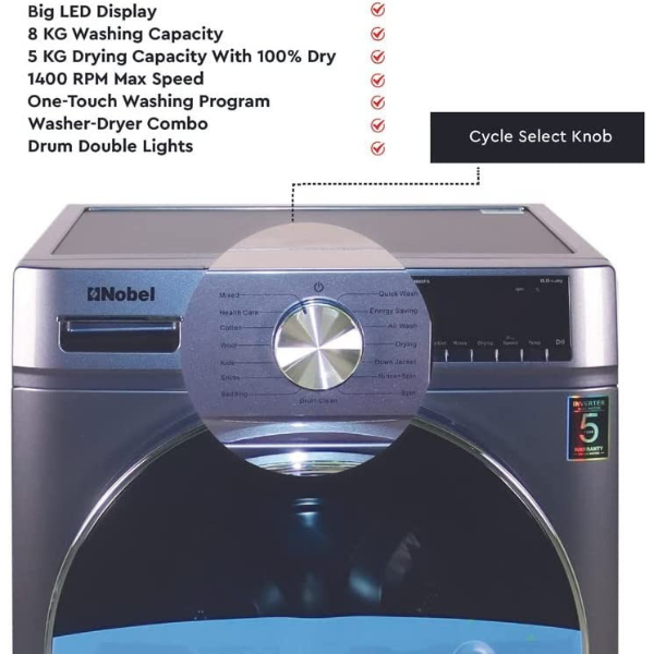 Nobel Washer/Dryer Gray 8 Kg/ 5 Kg 1400Rpm, Grey - NWM860FS