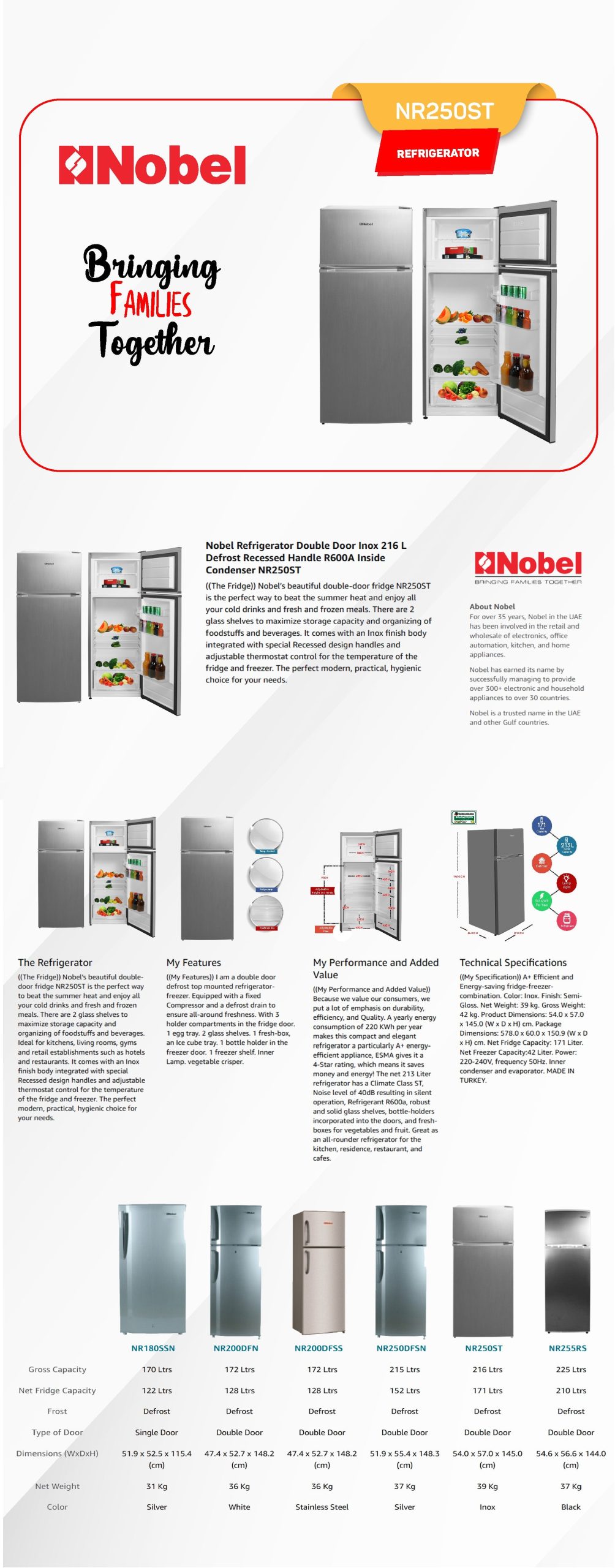 Nobel NR250ST | 215L Double Doors Refrigerator 
