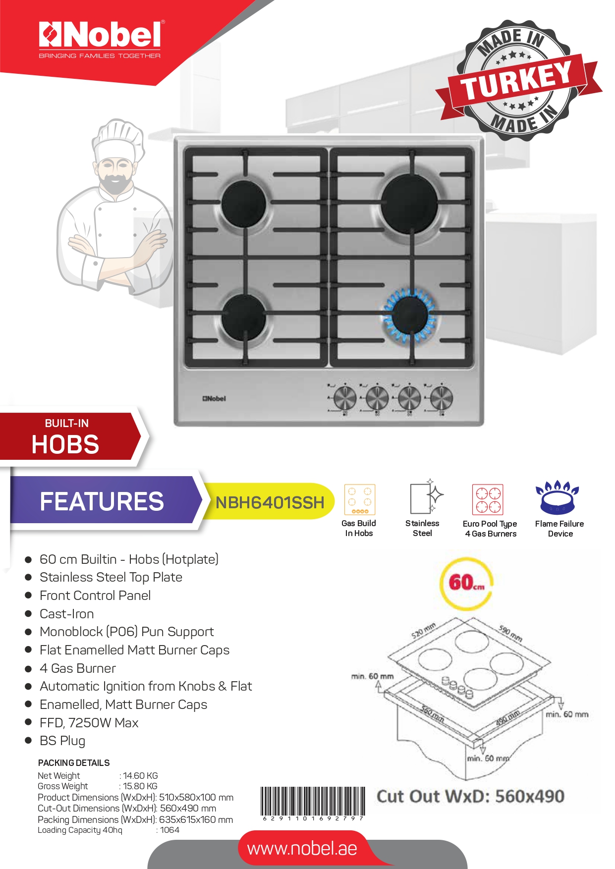 Nobel NBH6401SSH |  Gas Hobs 60 Cm