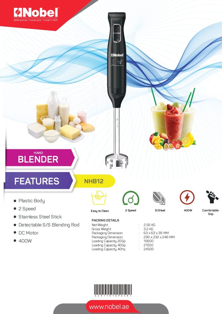 Nobel NHB12 Hand Blender 400W 2 Speed Black 250W PLUGnPOINT