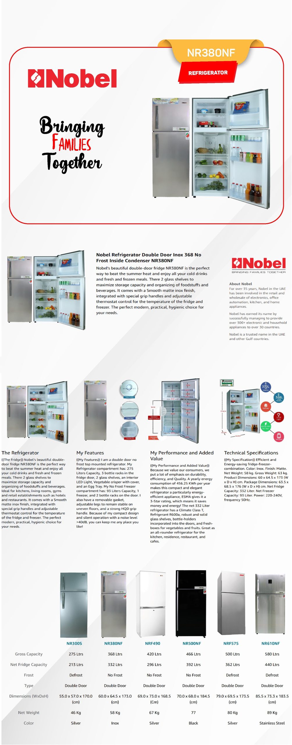 Nobel NR380NF |  Double Door Refrigerator 368 Liters