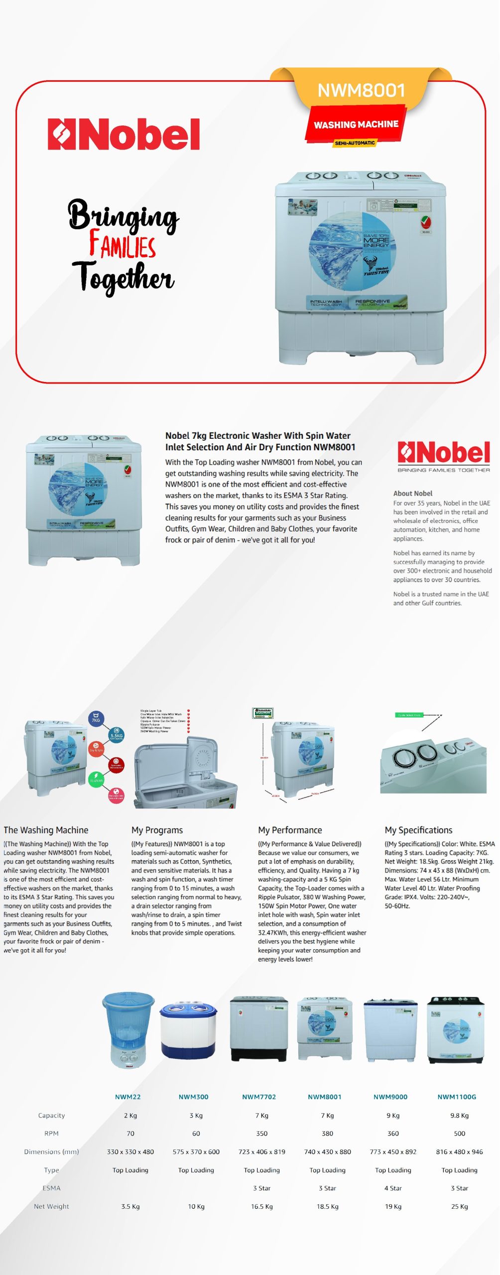 Nobel NWM8001 | twin tub semi-automatic washing machine