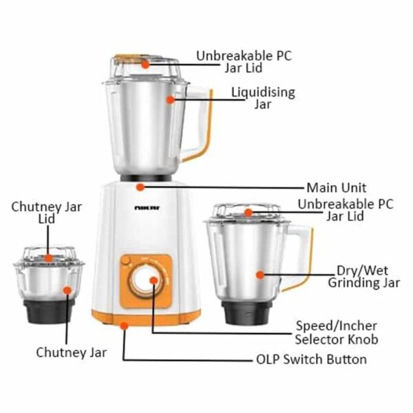 Nikai 700W Mixer Grinder with 3 Jars, Orange/White - NB594A