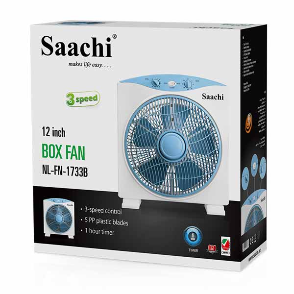 Saachi Box Fan With 3 Speed Control, 12-Inch, Blue - NL-FN-1733B