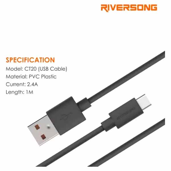 Riversong Beta 2.4A Fast Charging Type-C Cable 1M, Black - BETA-CT20