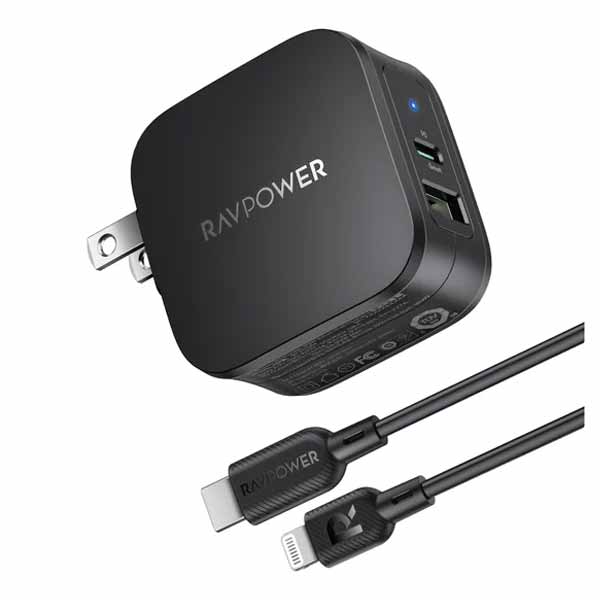 RavPower PD Pioneer 30W 2-Port Wall Charger UK Plug, Black - PC144