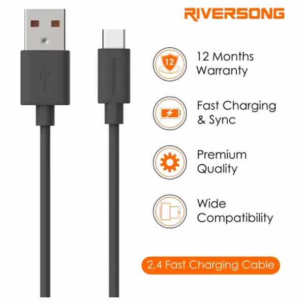 Riversong Beta 2.4A Fast Charging Type-C Cable 1M, Black - BETA-CT20